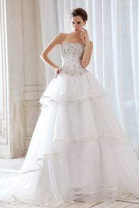 Strapless Court Train Low Price Wedding Dress with Beading and Appliques
