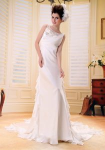 Cheap Chiffon Brush Train Wedding Dresses with Embroidery and Beading