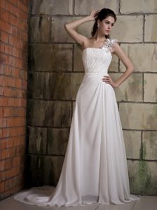 Sweet One Shoulder Court Train Chiffon Wedding Gown Dress with Beading