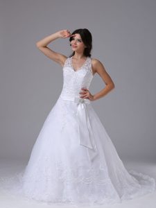 Cheap Halter-top Church Wedding Dresses with Bowknot and Brush Train on Sale