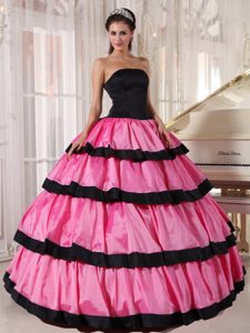 Black and Rose Pink Strapless Quinceanera Dress with Layers for Cheap