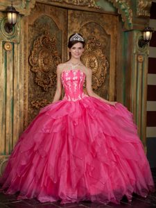 New Hot Pink Strapless Organza Quinceanera Dress with Appliques and Ruffles