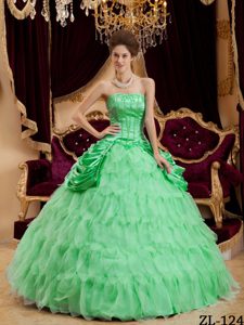 Apple Green Strapless Quinceanera Dresses with Layered Ruffles and Pick-ups