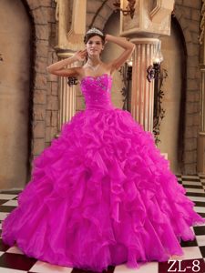 Cheap Hot Pink Sweetheart Ruched Quinceanera Dress with Ruffles and Beading
