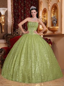 Customized Olive Green Strapless Ball Gown Special Fabric Quinceanera Dress