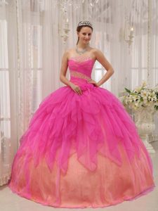 Hot Pink and Yellow Strapless Beading Quinceanera Dress Made in Organza