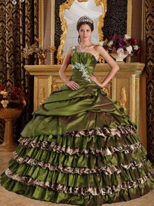 Olive Green One Shoulder and Leopard Appliques Quince Dresses