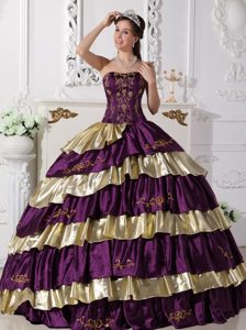 Purple and Gold Strapless Embroidery Sweet Sixteen Quinceanera Dresses