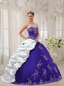Purple and White Sweetheart Embroidery Quince Dress Made and Taffeta