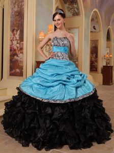 Blue and Black Sweetheart Ruffles Quinceanera Dress in and Organza