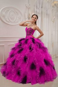 Hot Pink and Black Sweetheart Organza Beading and Ruche Quince Dresses