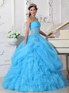 Strapless Organza Beading Quinceanera Dresses with Ruffles in Aqua Blue