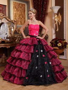 Pink and Black Strapless Organza Quince Dress Embellished Floral Appliques