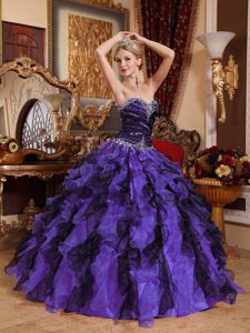 Purple and Black Sweetheart Organza Beading and Ruffles Quince Dresses