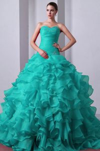 Blue Princess Beading and Ruffles Quinceanea Dress Attached Brush Train
