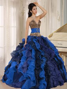 Wholesale V-neck Ruffles Multi-color Quince Dress with Leopard and Beading
