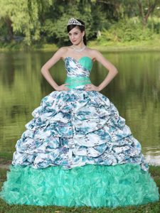 Colorful Printing Beaded Pick-ups and Ruffles Brush Train 2013 Quince Dress
