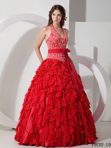 Fashionable Red Halter Long Chiffon Sweet 15 Dresses with Embroidery