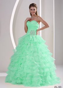 Appliqued and Ruched Zipper-up Apple Green Dresses for Quince with Ruffles