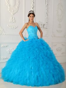 Romantic Blue Satin and Organza Beaded Lace-up Summer Dresses for Quince