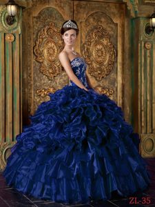 Strapless Ruffled Long Organza Dresses for Quinceaneras in Dark Blue