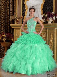 Apple Green One Shoulder Satin and Organza Sweet 16 Quinceanera Dresses