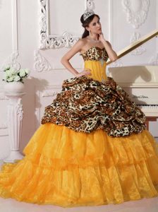 Fabulous Leopard and Organza Quinceanera Gowns in Orange with Brush Train