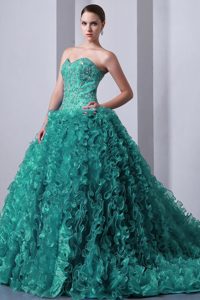 Lovely Turquoise A-line Sweetheart Brush Train Dress for Quinceanera in Organza