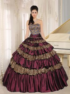 Amazing Burgundy Leopard Quinceanera Dress with Ruffled Layers and Appliques