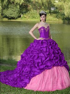 Elegant Purple Brush Train Dresses for Quinceaneras with Appliques and Pick-ups