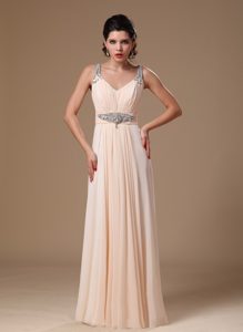 Chic Champagne Straps Long Ruched Prom Evening Dress with Beading