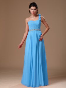 One Shoulder Long Aqua Blue Ruched Beaded Prom Dress with Flowers