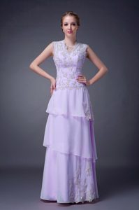 New V-neck Long Lavender Layered Chiffon Prom Dress with Appliques