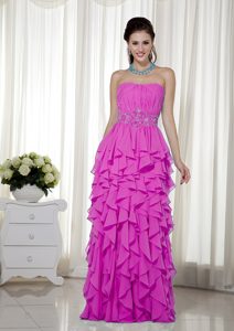 Inexpensive Hot Pink Empire Strapless Beaded Dresses for Prom