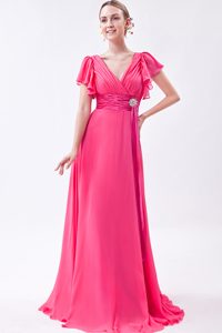 Empire V-neck Cheap Brush Train Ruched Chiffon Prom Attires in Hot Pink