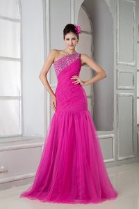 Latest Hot Pink Mermaid One Shoulder Beaded Tulle Prom Pageant Dress on Sale