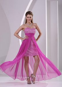 Popular High-low Fuchsia Sweetheart Prom Gown Dress with Paillette over Skirt