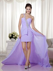 New One Shoulder High-low Lavender Ruched Chiffon Prom Dress with Beading