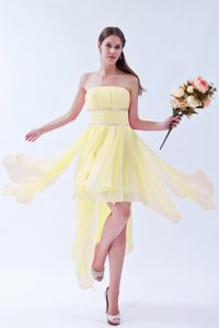 Light Yellow Strapless Asymmetrical Ruched Chiffon Prom Dress with Beading
