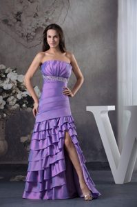 Strapless Long Purple Ruched Layered Beaded Prom Dress with High Slit