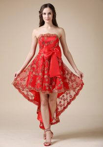 Best Seller Strapless High-low Red Lace Prom Dresses for Cocktail with Big Bow