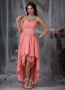 Chic Sweetheart Layered High-low Watermelon Ruched Prom Dress with Beading