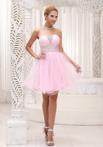 Lovely Strapless Layered Organza Beading Baby Pink Valentine Holiday Dresses
