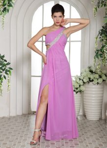 High Slit Lavender One Shoulder Ruched Beading Women Office Holiday Party Dress