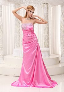 Pink Beaded Ruched Bowknot Holiday Homecoming Dresses with Brush Train