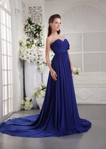 One Shoulder Brush Train Chiffon Ruched Empire High End Holiday Dress in Blue
