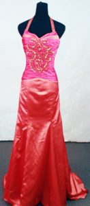 Popular Halter Top Red Prom Party Dress with Beading and Brush Train