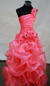 Romantic A-line One Shoulder Organza Watermelon Prom Dresses with Pick-ups