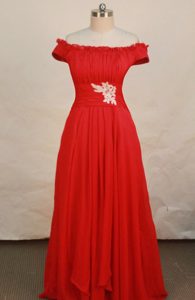 Pretty Empire off the Shoulder Chiffon Red Prom Dresses with Appliques for Girls