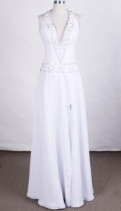 Elegant Halter Top Chiffon White Prom Pageant Gown Dress with Beading